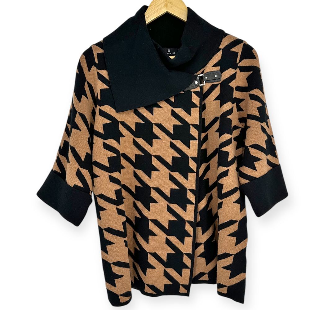 Marble Houndstooth Sweater Cardigan Jacket Cowl Neck Buckle Detail NWT size S